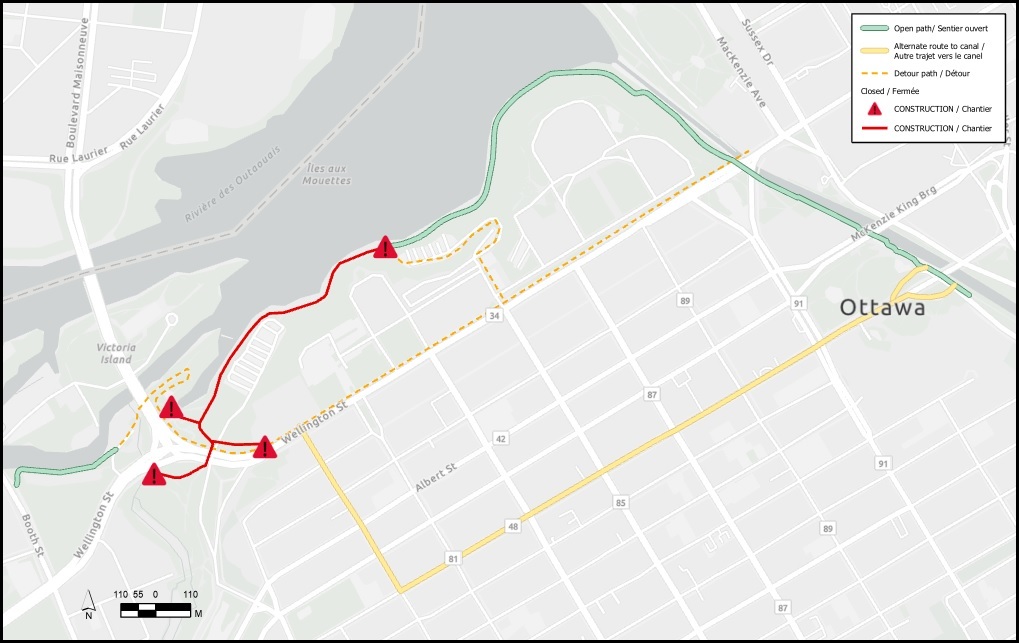 Map illustrating the closures on the Ottawa River Pathway behind Library and Archives Canada and the Supreme Court. Two detours are shown on the map : one via Wellington Street on a shared pathway and another one via Bay Street and Laurier Street to the Rideau Canal on a reserved bicycle lane.