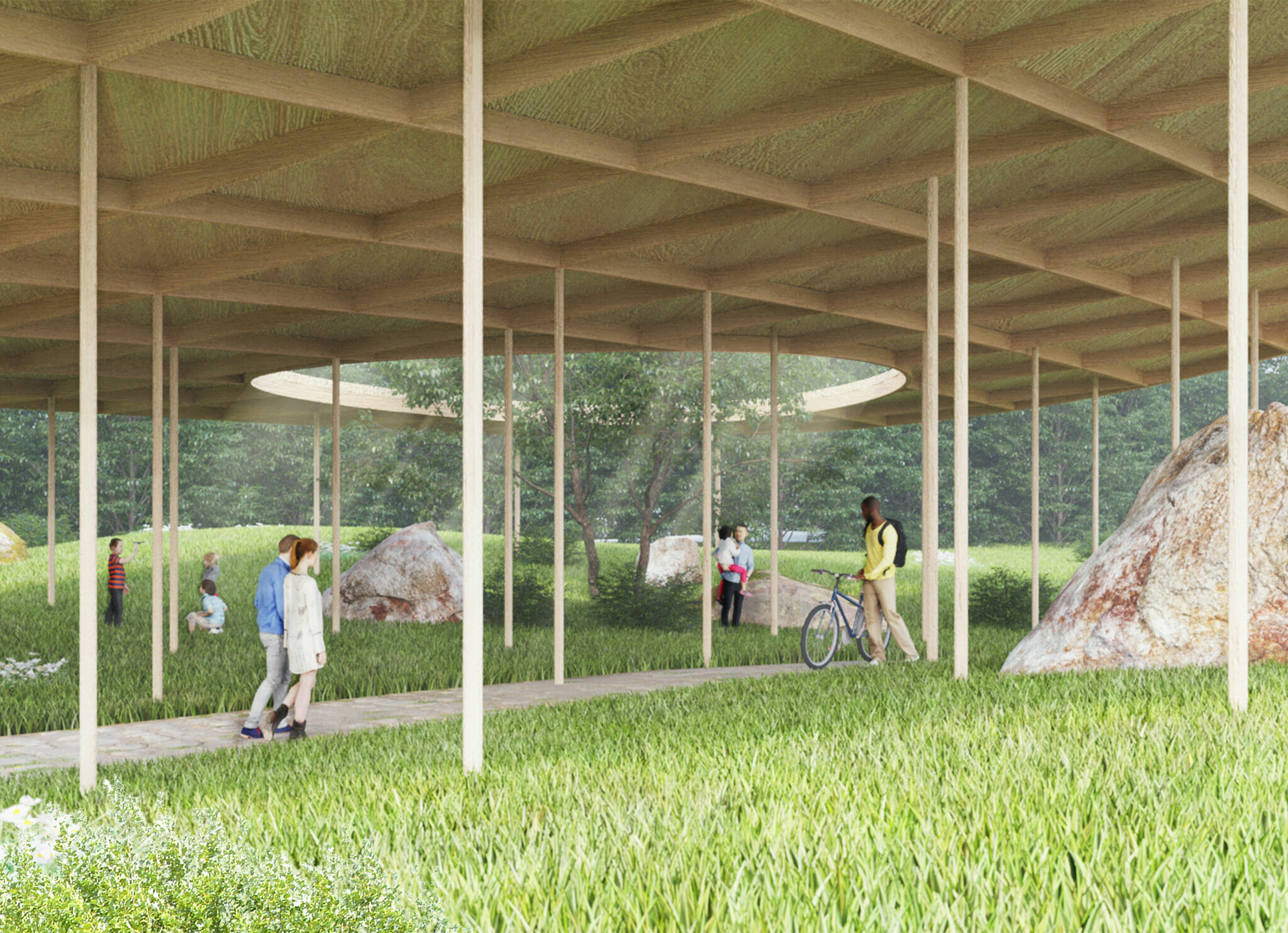Architectural rendering: People on a pathway leading through an outdoor covered space.