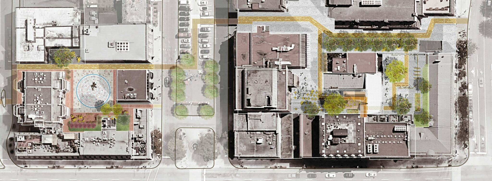 Aerial view of three courtyards: Jeanne d’Arc, York Court and Clarendon Court .