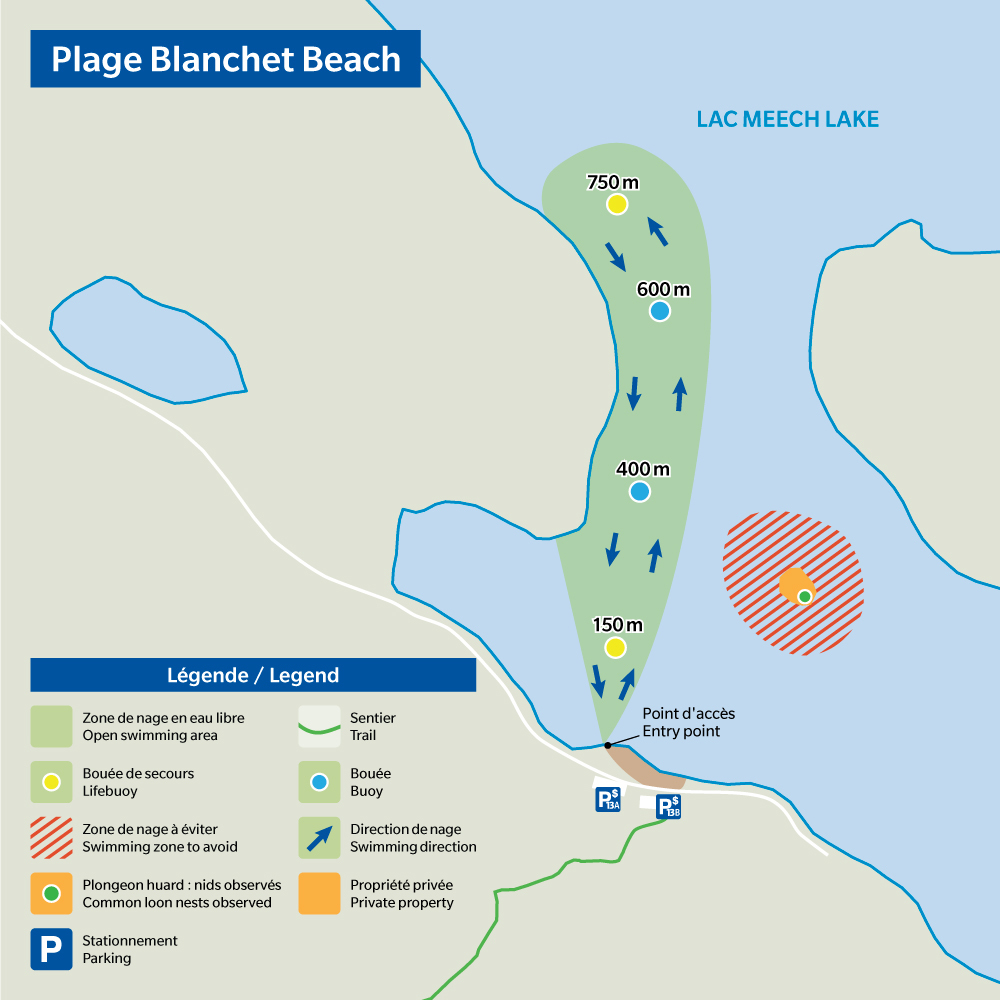 Carte de la zone de nage en eau libre de la plage Blanchet. La zone de baignade commence au stationnement P13 et comporte deux bouées de secours, une à 150 m et une à 750 m.