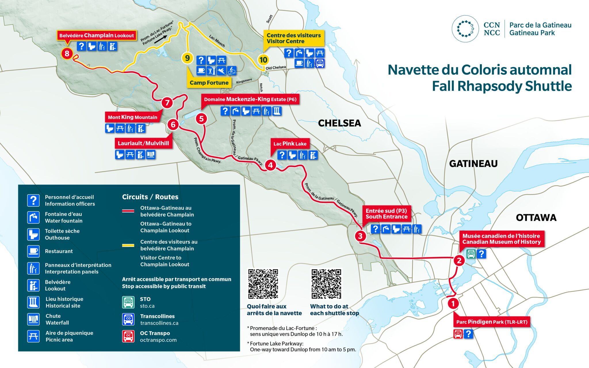 Gatineau Park shuttle bus map showing route from Ottawa to Champlain Lookout, and departure from the Visitor Centre to Champlain Lookout, and to popular destinations such as Pink Lake and King Mountain.