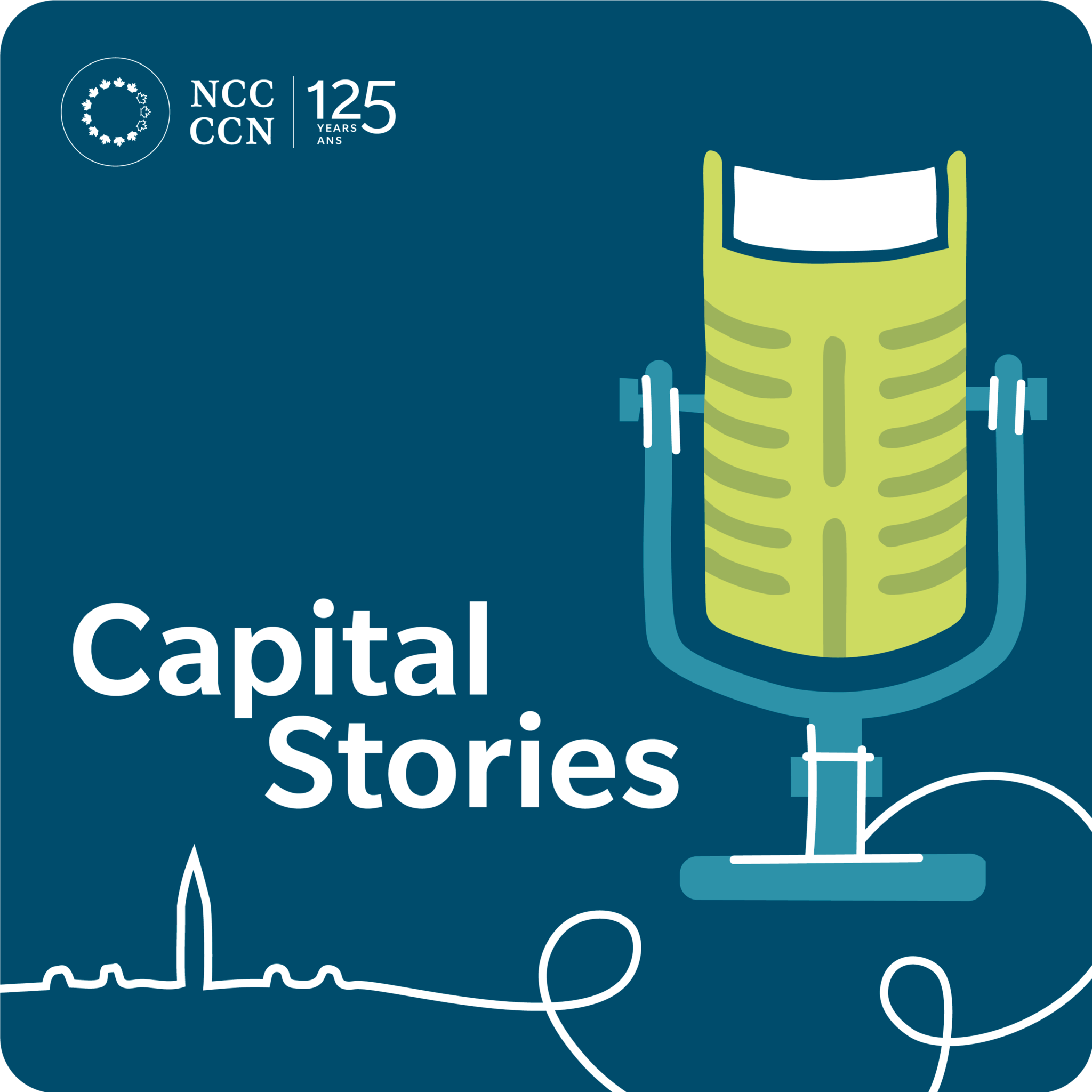 Illustration of a free-standing podcast microphone shaped like a book, with its cable artistically forming the silhouette of the Parliament Buildings. Overlaid text reads “Capital Stories.”