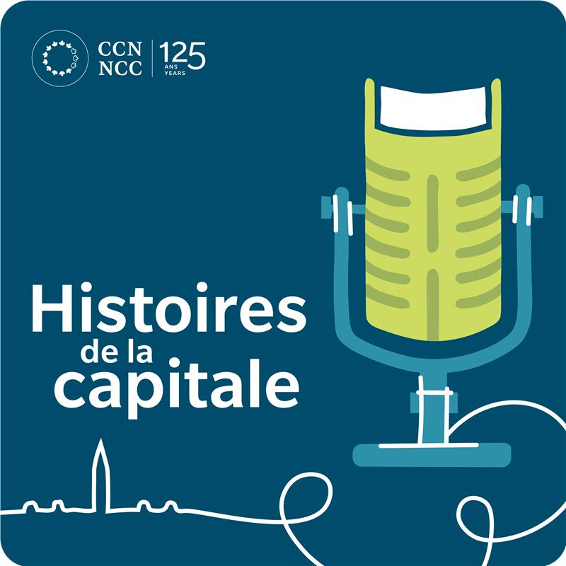 Illustration d’un microphone autoportant de balado en forme de livre, dont le câble forme la silhouette des édifices du Parlement de manière artistique. Le texte superposé indique « Histoires de la Capitale ».