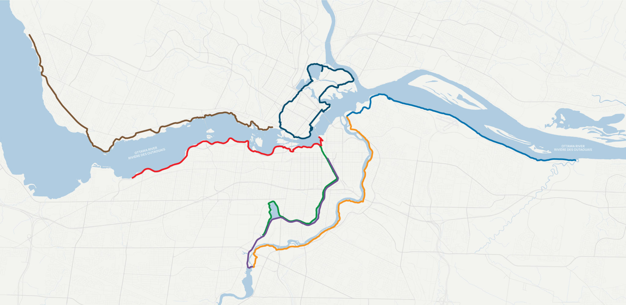 Map illustrating the 7 routes featured in this blog, each route identified in a different colour.