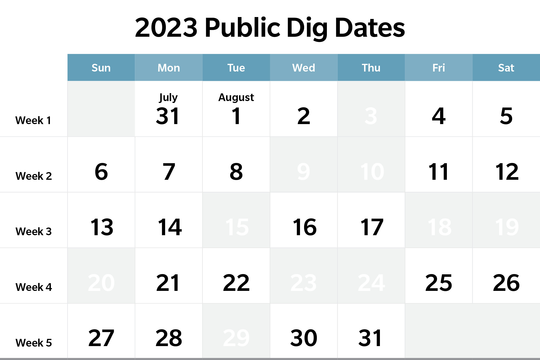 Public digs will take place from July 31 to August 2, August 4 to 8, August 11 to 14, August 16 and 17, August 21 and 22, August 25 to 28, and August 30 and 31.