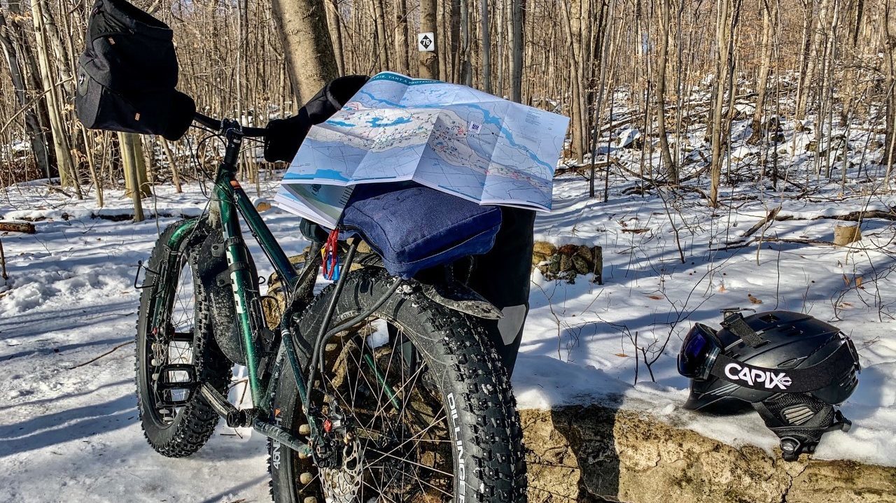 Typical snow biking patroller equipment