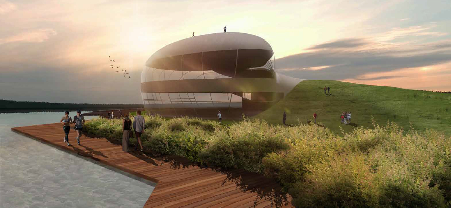 Architectural rendering: A rounded, primarily glass structure overlooking the water, with people walking along a riverfront boardwalk and others strolling in a park.
