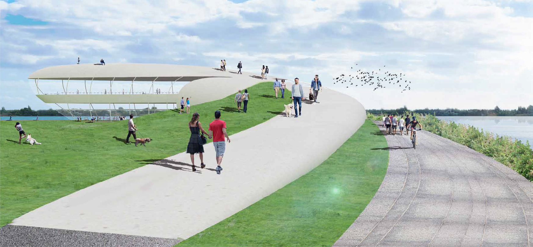 Architectural rendering: A curving ramp leading to the top of a rounded, primarily glass structure overlooking the water, with people strolling nearby.