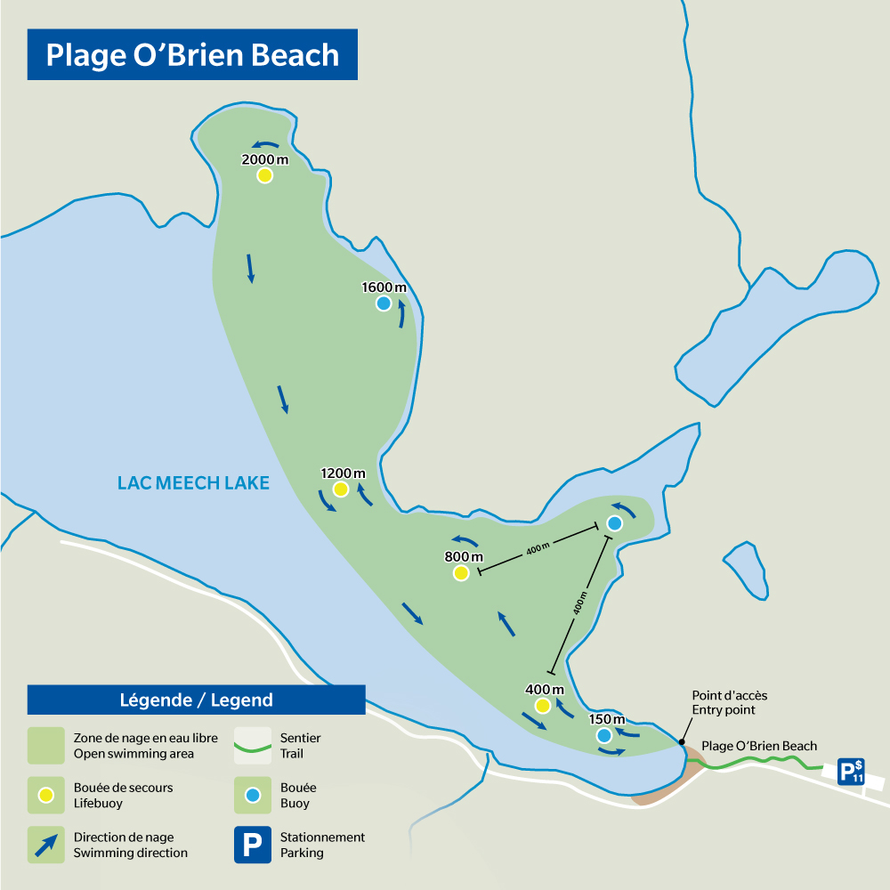 Carte de la zone de nage en eau libre de la plage O’Brien. La zone de baignade commence au stationnement P11 et comporte quatre bouées de secours, à 400 m, 800 m, 1200 m et 2000 m.