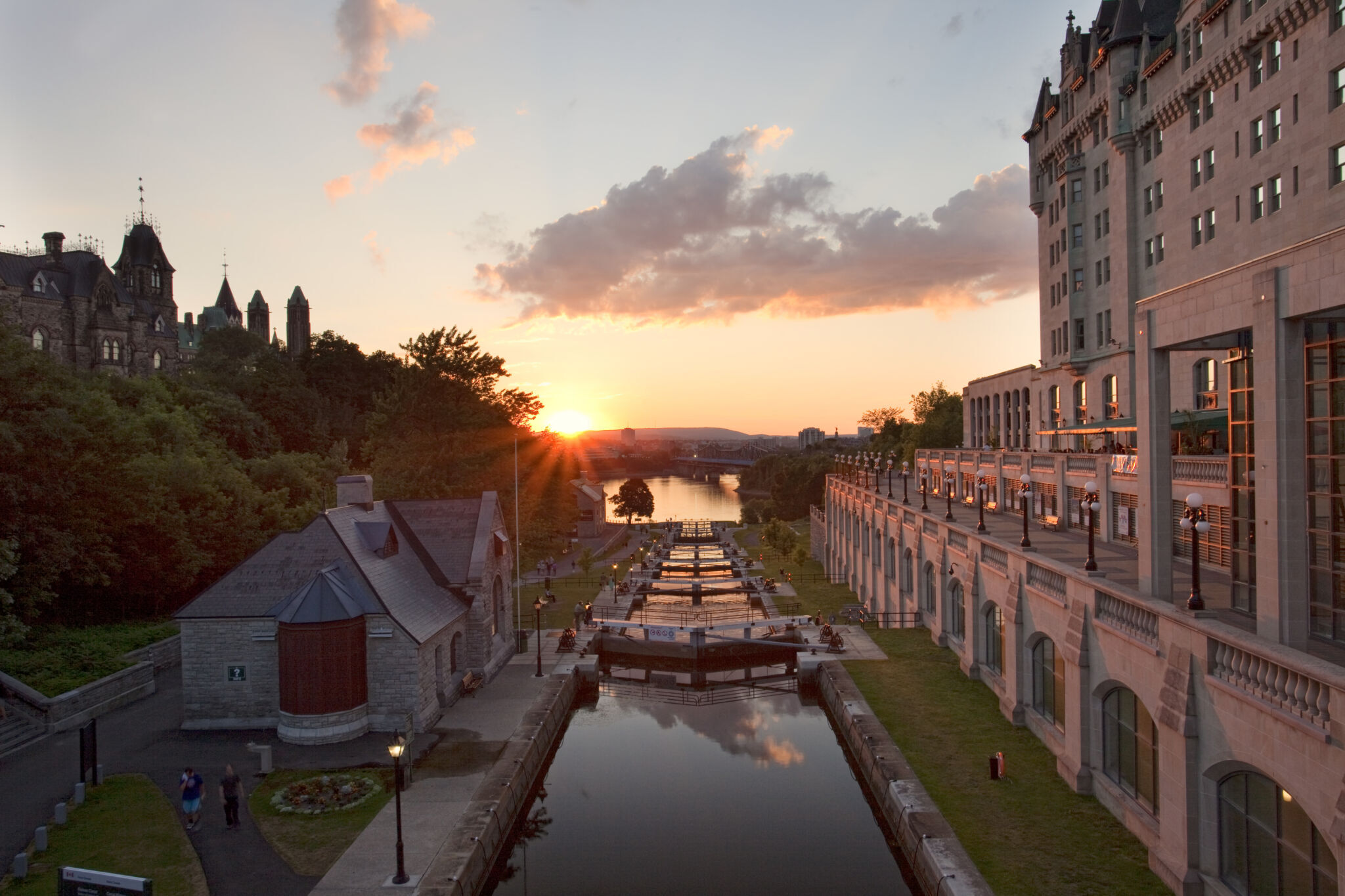 Sunny evening view of the Rideau Canal locks.