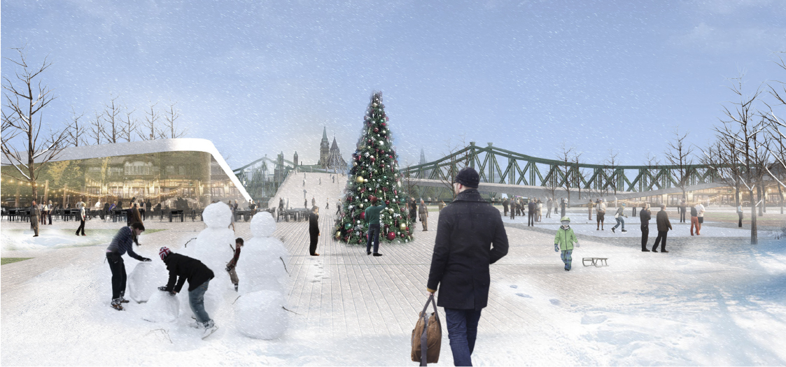 People walking along Jacques-Cartier Park esplanade, with children skating and making snowmen, and the Alexandra Bridge and Parliament Hill in the background.