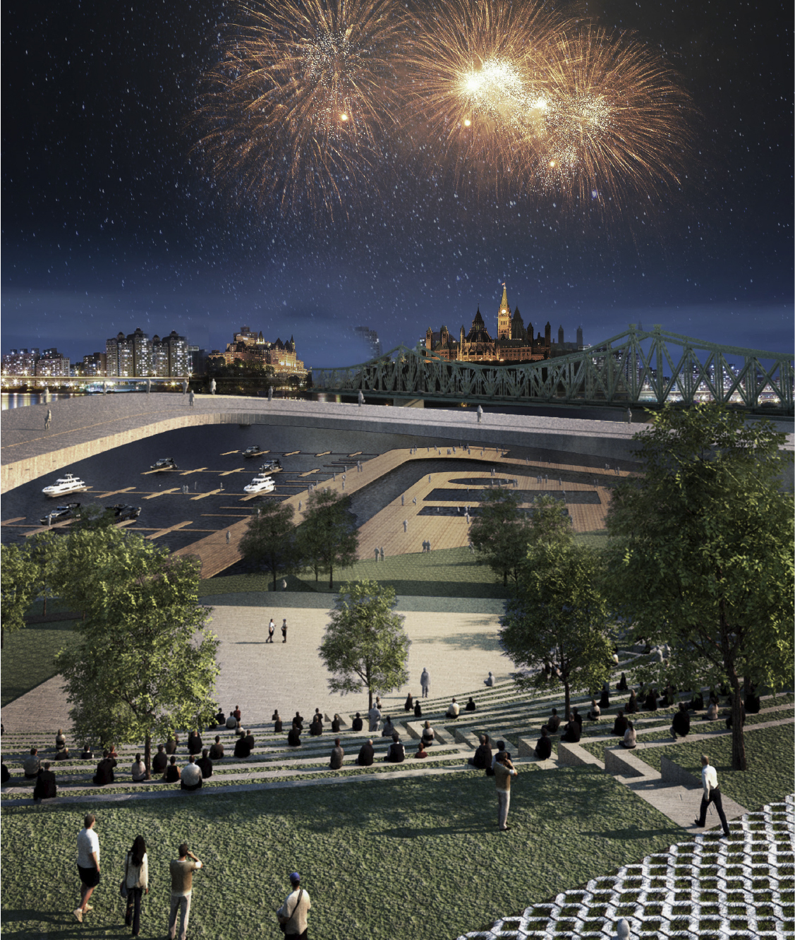 People sitting in the Jacques-Cartier Park amphitheatre beside a marina, with the Alexandra Bridge and Parliament Hill in the background, and a fireworks display in the sky.