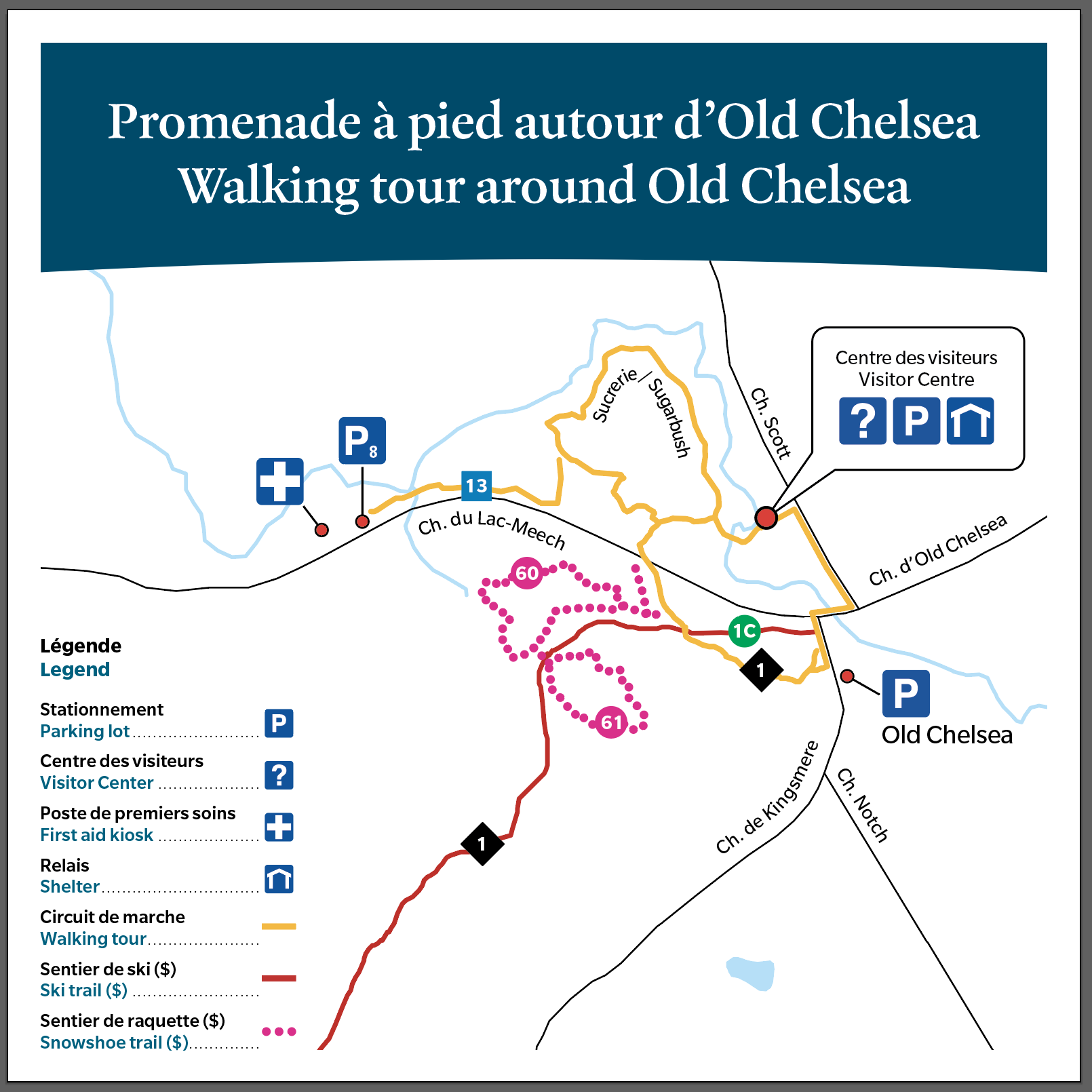 Map showing the walking tour, which includes Trail 13, the Sugarbush Trail, Trail 1 and runs through the village of Old Chelsea (Kingsmere, Old Chelsea and Scott Roads). Start at the parking lot P8, the Visitor Centre or the Old Chelsea parking lot.