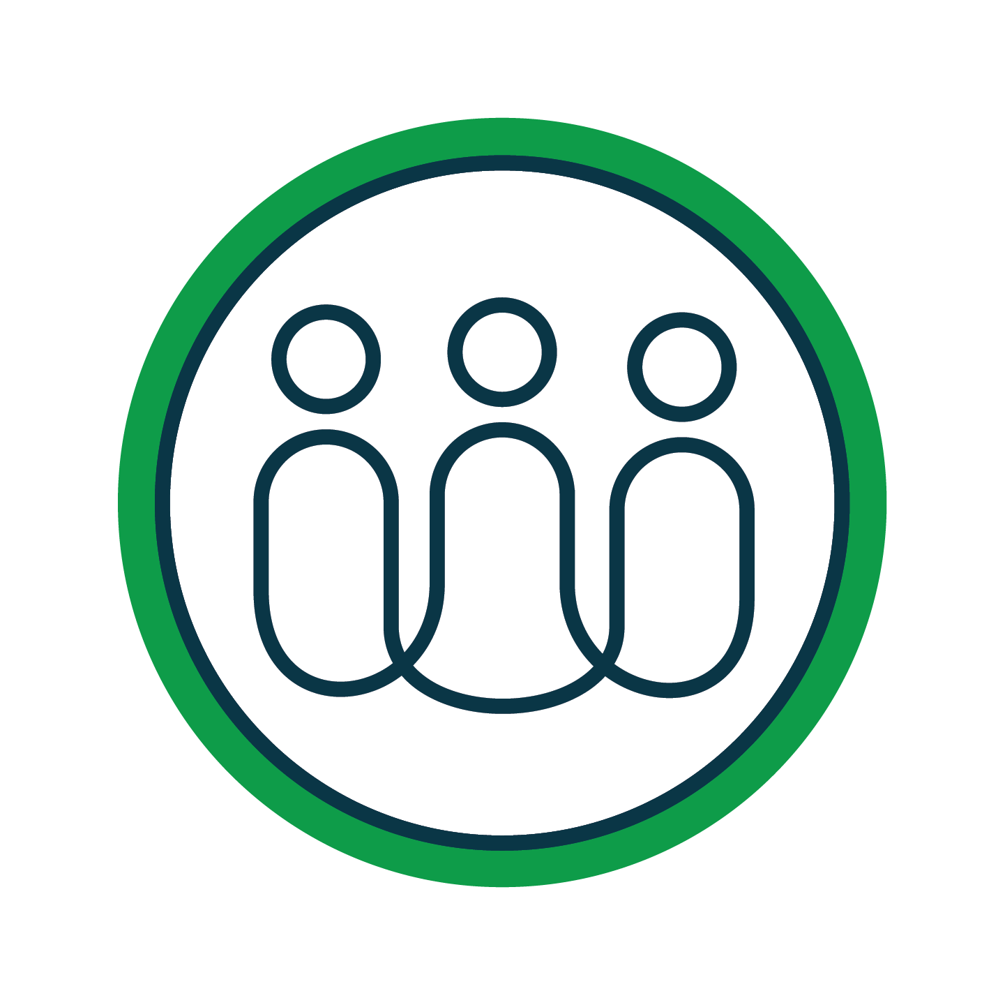 Three figures representing people within a green circle.