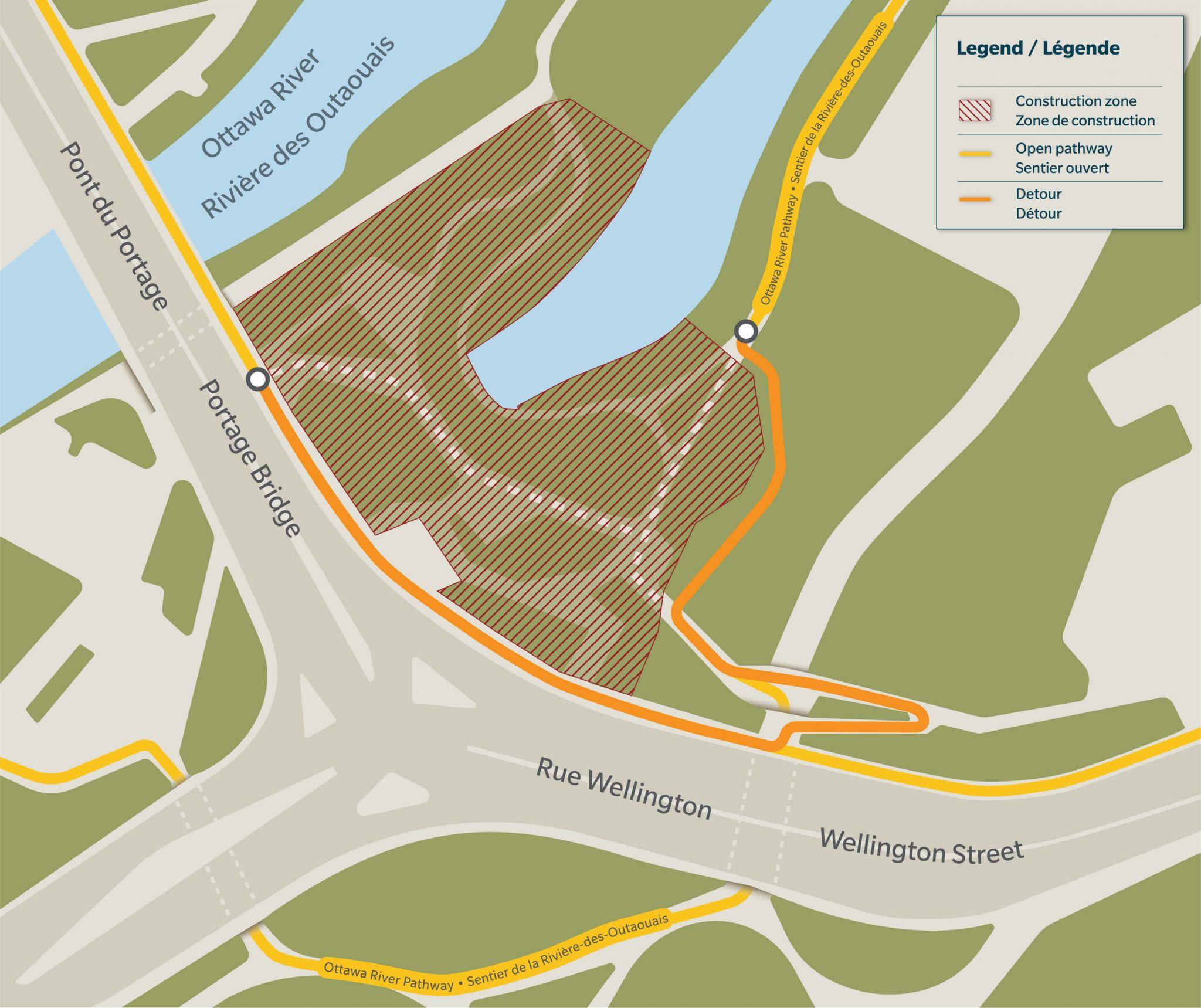 Carte du détour empruntant la rampe d'accès au-dessus du tunnel qui passe sous la rue Wellington.