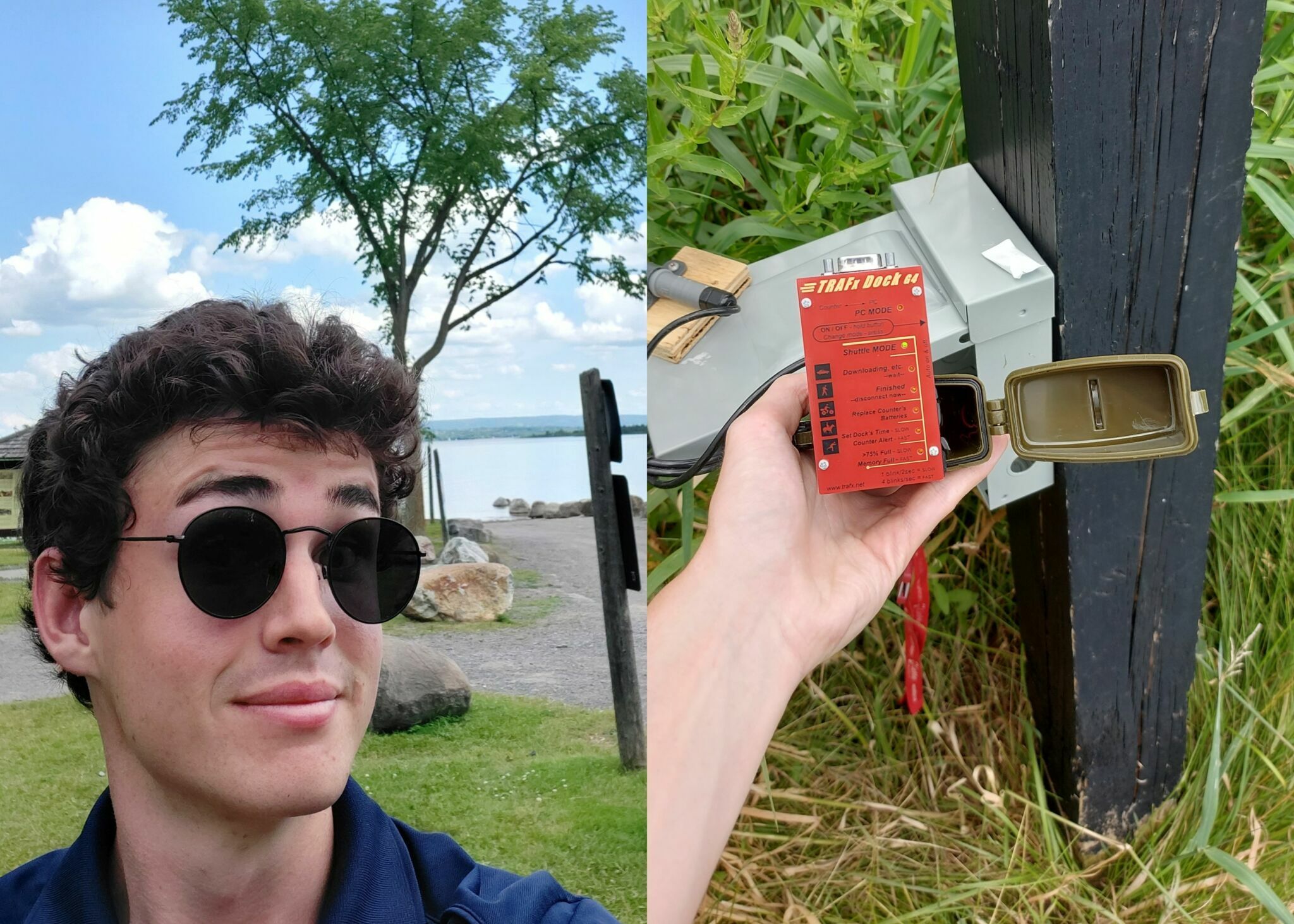 Self-portrait of Jack MacMillan. Right: Jack holding an electronic counter in the field.