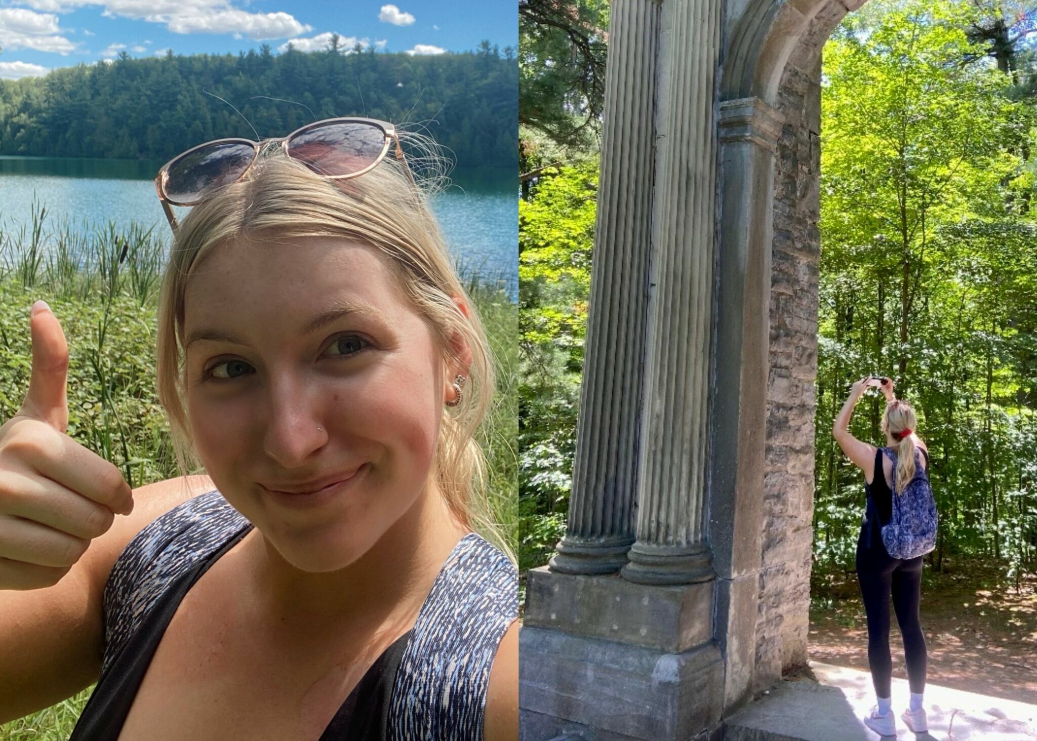 Left: Self-portrait of Lauren Filletti. Right: Lauren taking a picture of the ruins on Mackenzie King Estate grounds.