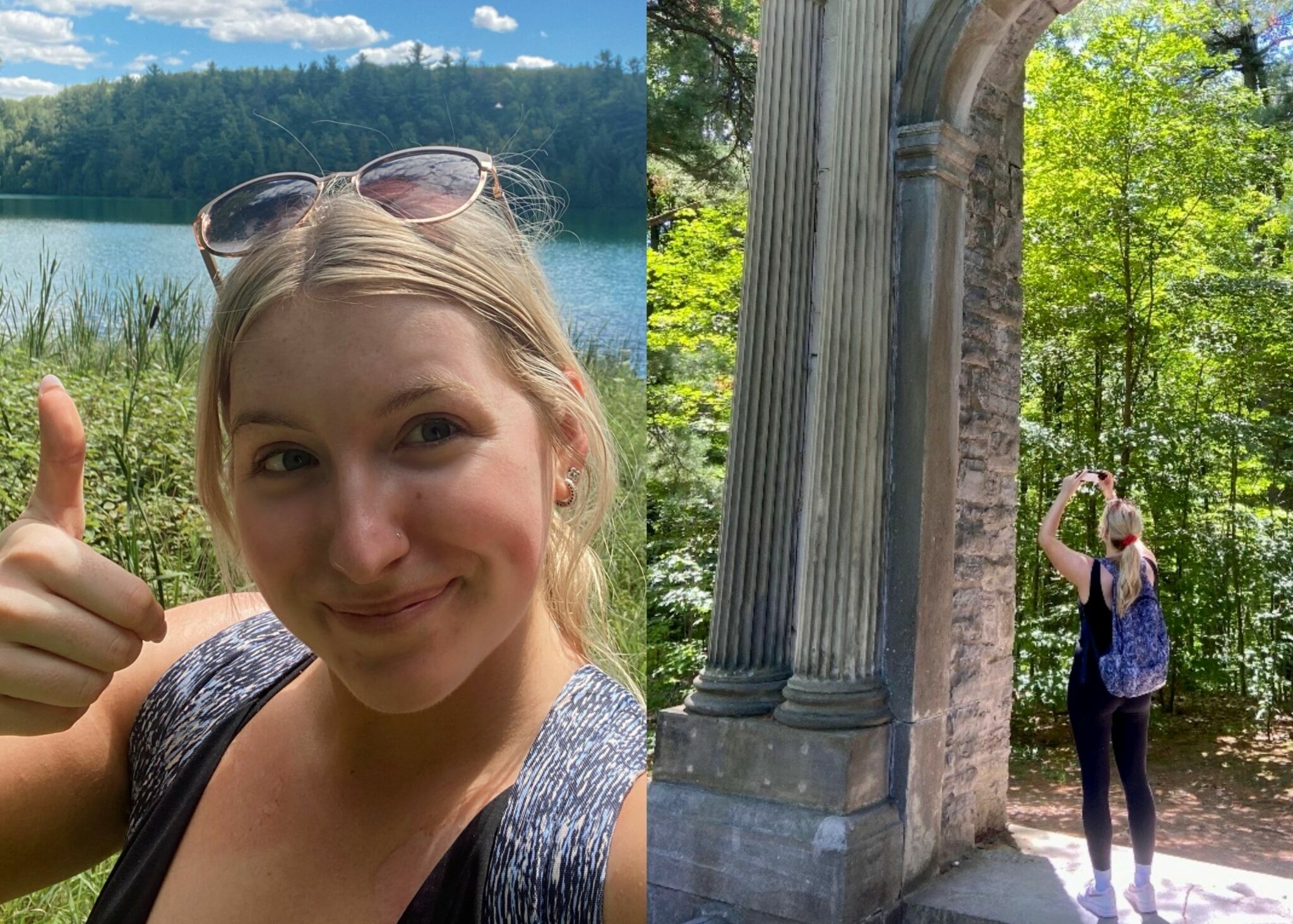 À gauche : égoportait de Lauren Filletti. À droite : Lauren prenant une photo en contre-plongée des ruines du domaine Mackenzie-King.