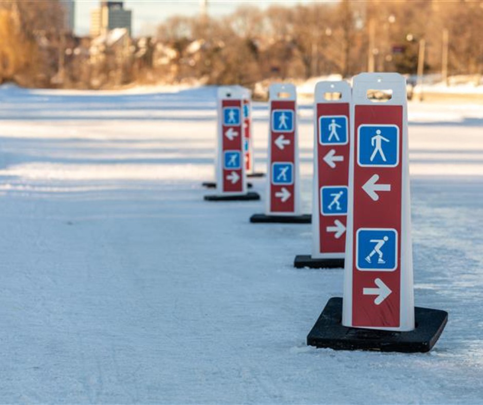 Signs indicating which side is for walking and which is for skating, on the Rideau Canal Skateway