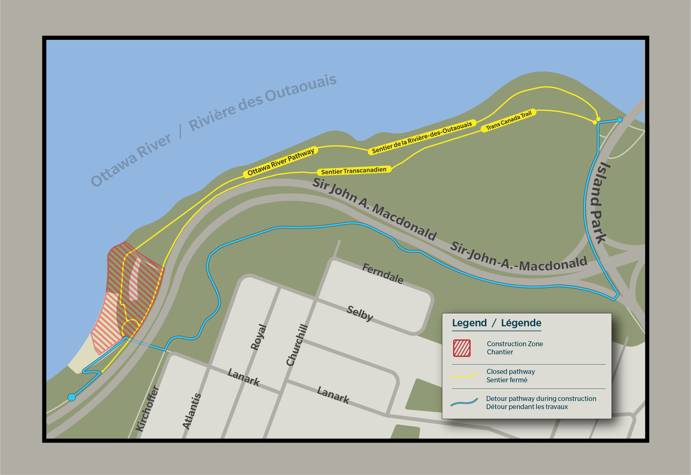 Carte du secteur de la plage Westboro qui présente le chantier, les sentiers fermés et les détours en place.