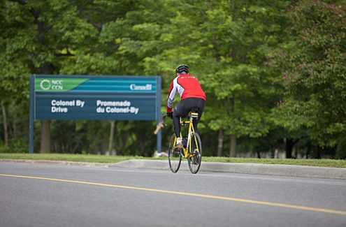 Cycliste roulant sur la promenade Colonel-By sans autos pendant les vélos-dimanches/vélos-weekends