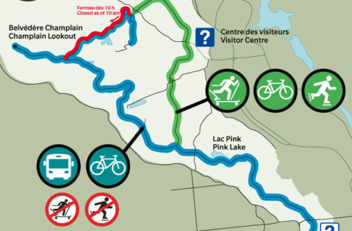 On weekends and Thanksgiving Monday, before noon, from October 2 to 24, access to the Champlain and Fortune Lake parkways is shared with the shuttle. In-line skaters and roller skiers can use only the section of the Gatineau Parkway between the intersection with the Champlain Parkway and parking lot P9. To accommodate the passage of the shuttle, traffic on the Fortune Lake Parkway will be one-way, northbound (Dunlop) for motor vehicles and active users.