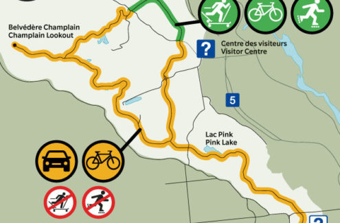 On weekdays, after noon, from September 25 to October 24, access to the parkways is shared with motor vehicles. In-line skaters and roller skiers can use only the section of the Gatineau Parkway between parking lots P8 and P9.