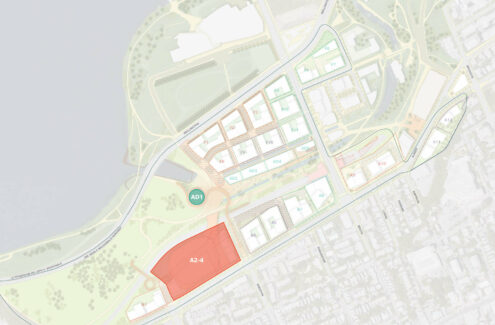 Map of LeBreton Flats showing the location of parcels A2–4 and AD1.