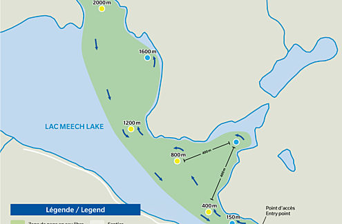 Carte de la zone de nage en eau libre de la plage O’Brien. La zone de baignade commence au stationnement P11 et comporte quatre bouées de secours, à 400 m, 800 m, 1200 m et 2000 m.
