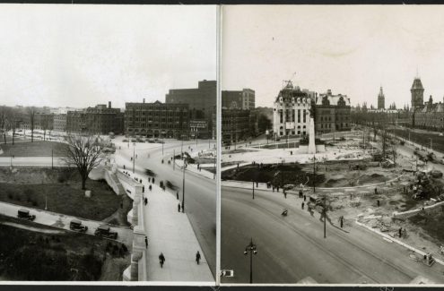 Vue des rues Elgin et Wellington, du Monument commémoratif de guerre du Canada, au centre, et d’une section terminée du pont Plaza. 3 mai 1939. Source : Bibliothèque et Archives Canada (e999909231-u)