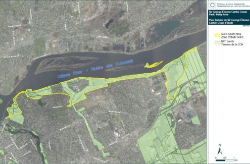 Carte de la zone d'étude du parc Sir-George-Étienne-Cartier. La zone d'étude est tracée en jaune et compte 13 km de terrains longeant la rive sud de la rivière des Outaouais et l'île Lower Duck. La plupart des terrains dans la zone d'étude sont gérés par la CCN.