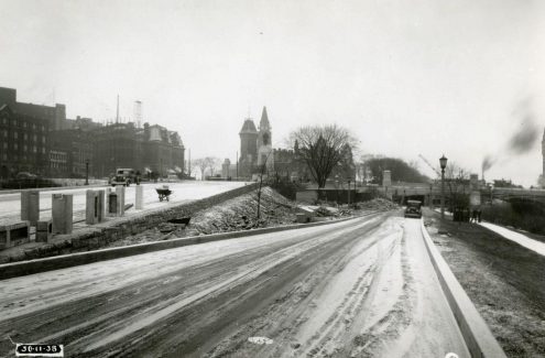 Road along the canal, leading under the Plaza Bridge. November 30, 1938. Credit: Library and Archives Canada / E999909216-u