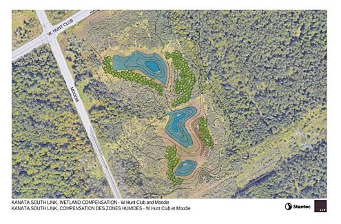 Carte du projet de compensation pour la perte de milieux humides au sud du chemin Hunt Club Ouest, à l’est de la promenade Moodie.