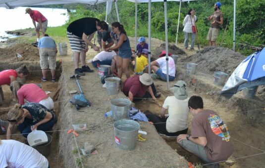 Dozens of people doing archaeological digs