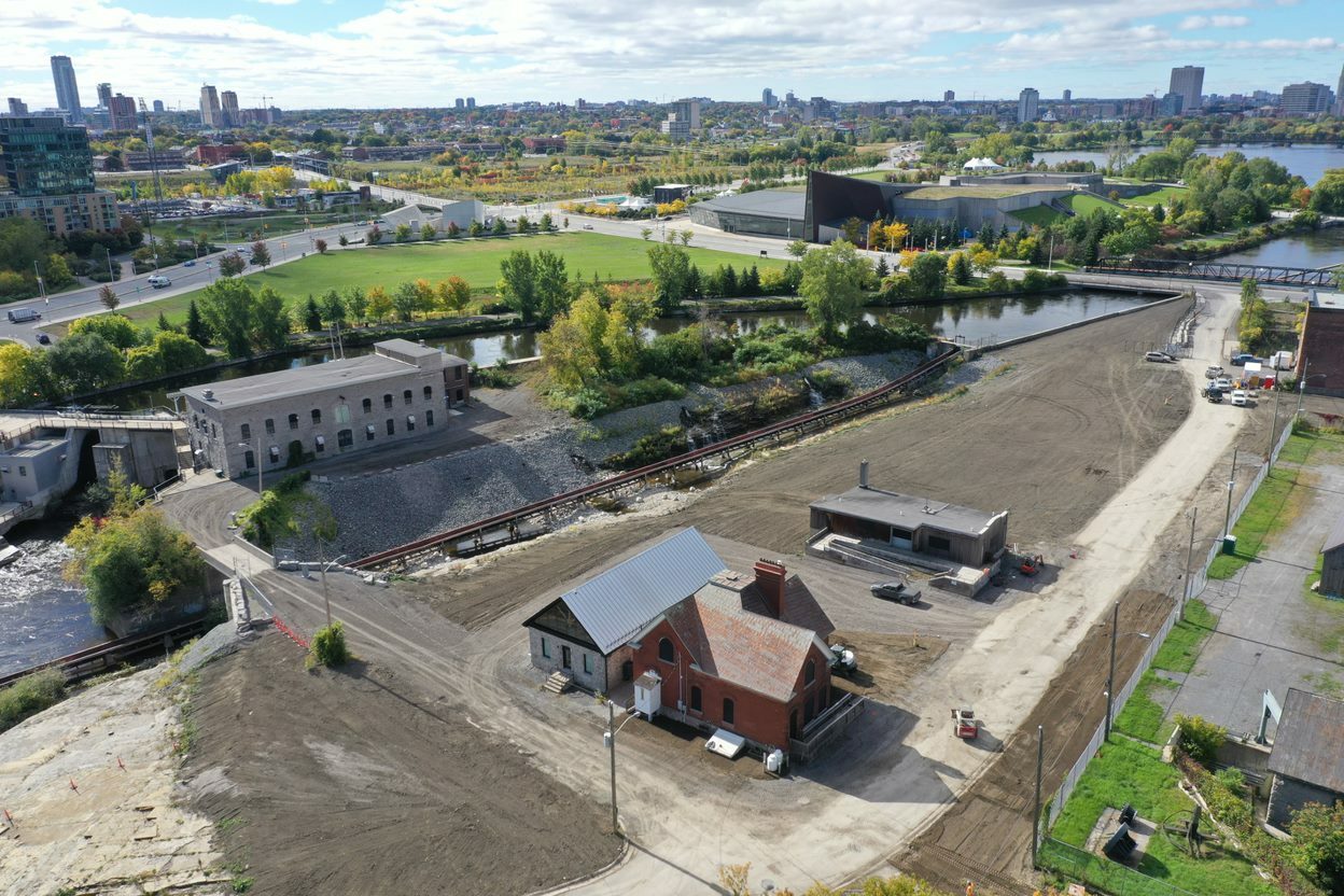 Aerial view of the remediated area at Victoria Island, looking west.