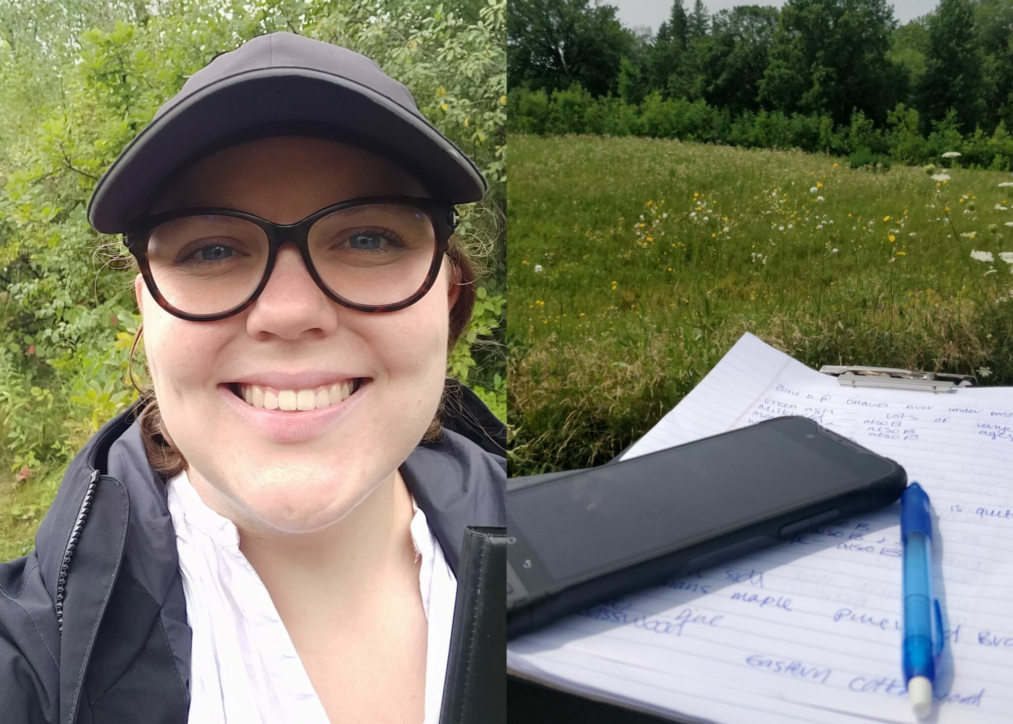 Self-portrait of Emma Zacharias in nature. Right: Emma’s notes and cell phone on the grass.