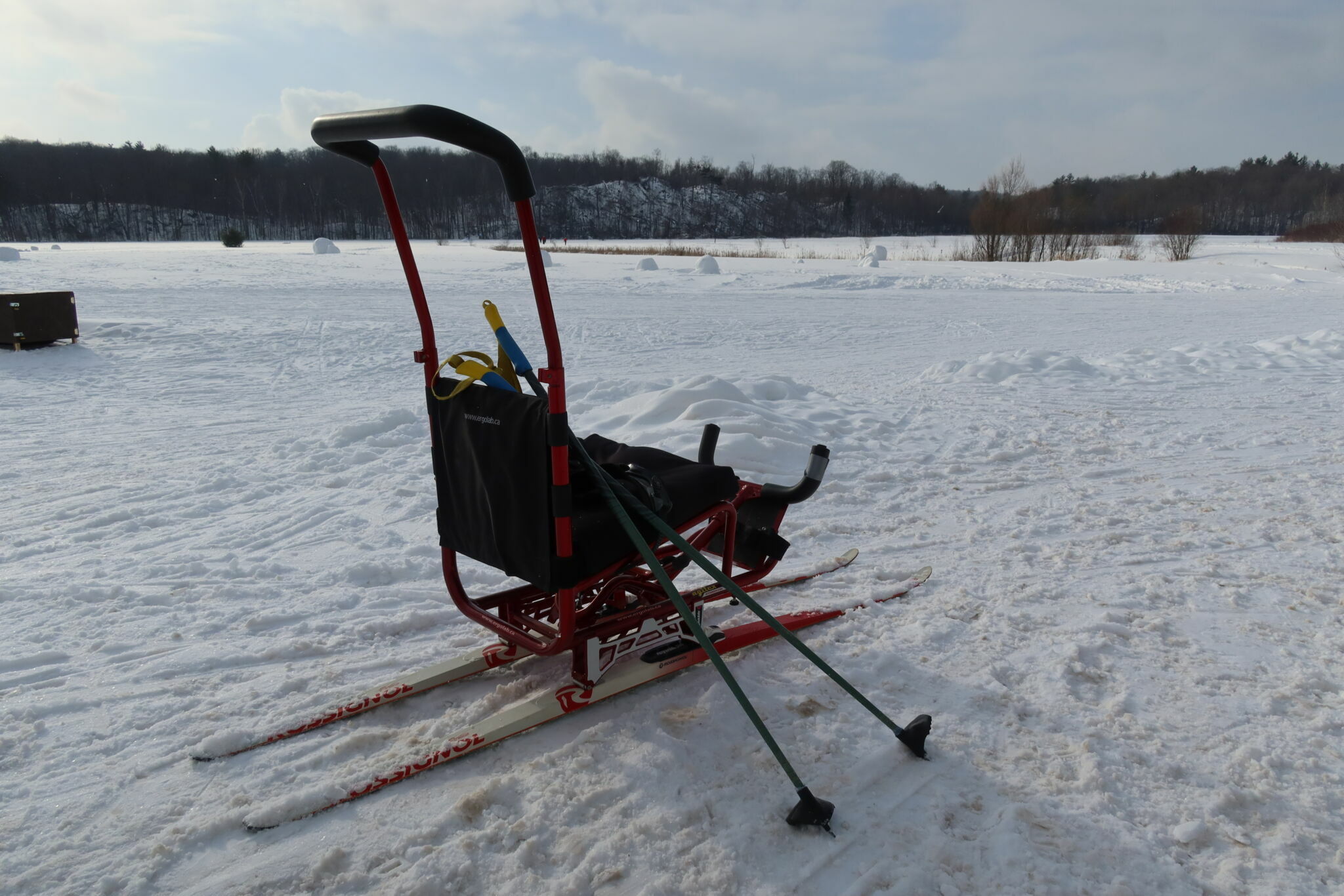Adaptive cross-country ski sledge for persons with reduced mobility, available for rent, by reservation, at the Relais plein air.