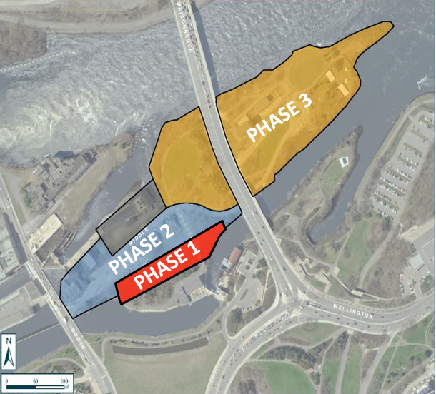 Map of the staged approach for the Victoria Island remediation project. Phase 1 is identified in red, Phase 2 in blue and Phase 3 in yellow.