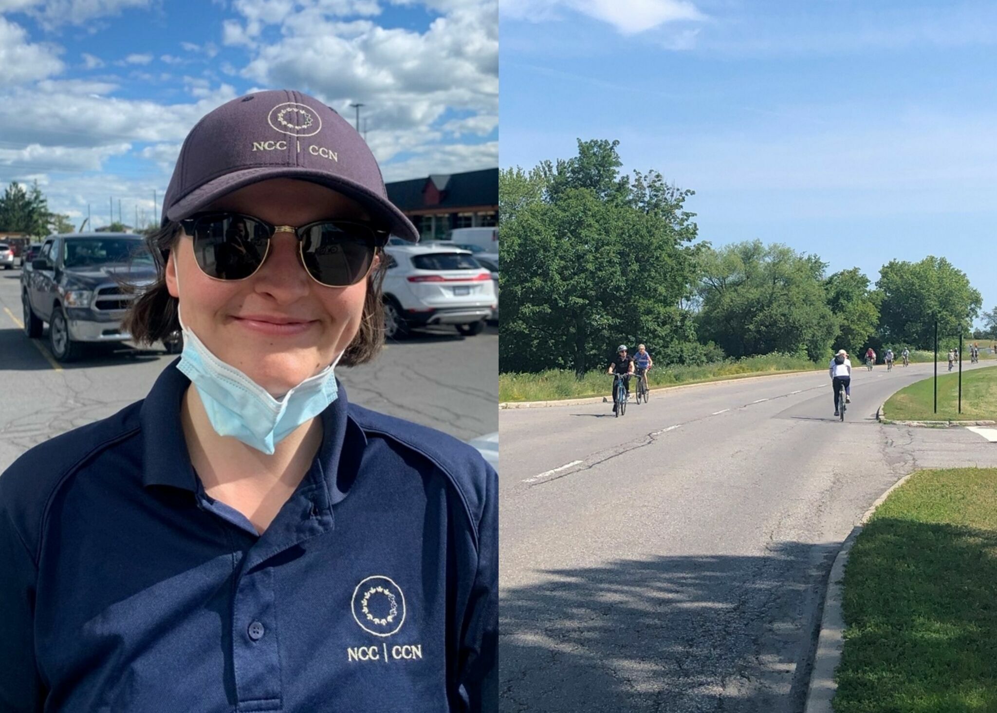 À droite : gros plan de Sophie Brett. À gauche : promenade Sir-John-A.-Macdonald sans autos pendant les vélos-weekends